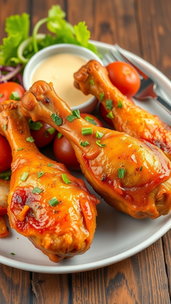 Oven-baked chicken drumsticks on a plate with herbs and salad.